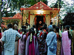 Crowd gathering to begin the procession to another temple