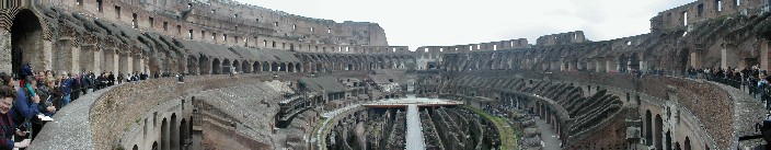 The Colosseum.  The place had a wooden floor which was then covered with sand.  The wooden platform in the back is at about the right height.  The corridors and rooms down below were used as storerooms and as cages for the wild beasts.  