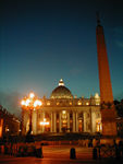 St. Peter's at night.  The obelisk is 80 feet tall and came from Egypt.