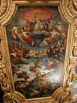 From the ceiling of th eSenate room.  Also called the "Begged Room," because the doge "begged" the magistrates to attend the sittings.  The Senate was created in the 13th century.  That's Venice up there in the clouds (painted by Tintoretto) holding a sceptre, flanked by Greek gods,  and reining over all.  