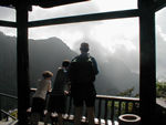 Looking out from Thundering Cave Terrrace.  At least that's where we think we were - what our map lacked in detail it made up for dramatic coloring and language.  Here's an example of the language: Mount Emei is a celebrated Tourist atyraction well-known for its Buddhism . . . with a chain of towering teaks."