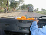 On the road to Pokhara, Nepal.  Our driver stopped to buy a marigold garland for the trip.  