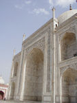 The two major decorations throughout the complex are pietra dura and Arabic calligraphy.   If you look carefully, you can see calligraphy on the rectangular strip around the arch.  Supposedly the lettering increases in size near the top so that it has a uniform appearance to a viewer standing on the ground.  The guards wouldn't let us climb up and check 
