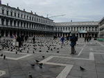 Piazza San Marco with pigeons and rotten, unsupervised children chasing pigeons.  On the left is the baroque Procuratio Nuove.  On the right is the gothic Procuratio.  At the back is Napoleon's neoclassical palace. Behind us is San Marco.  We are sitting on the portable walkways that are stacked in the Piazza (and lots of other places) ready for the floods. 