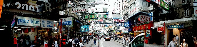 Hong Kong shopping area.  Clothes, electronics, bootleg software, cell phones, floor after floor, shop after shop.