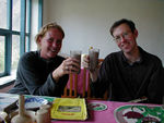 Veerle and Mark toasting with the (very) local beer.  A fermented, thick barley concoction.  