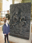 Maggie examining unusual sculpture at British Museum